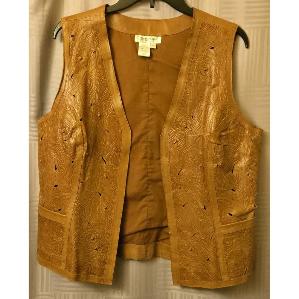 Coldwater Creek Vest Womens Med Leather Open Front Western-Chic Brown Sleeveless
